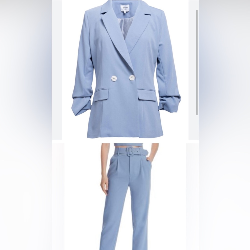 Chriselle Lim Light Blue Double-Breasted Blazer and Ankle Pants Suit